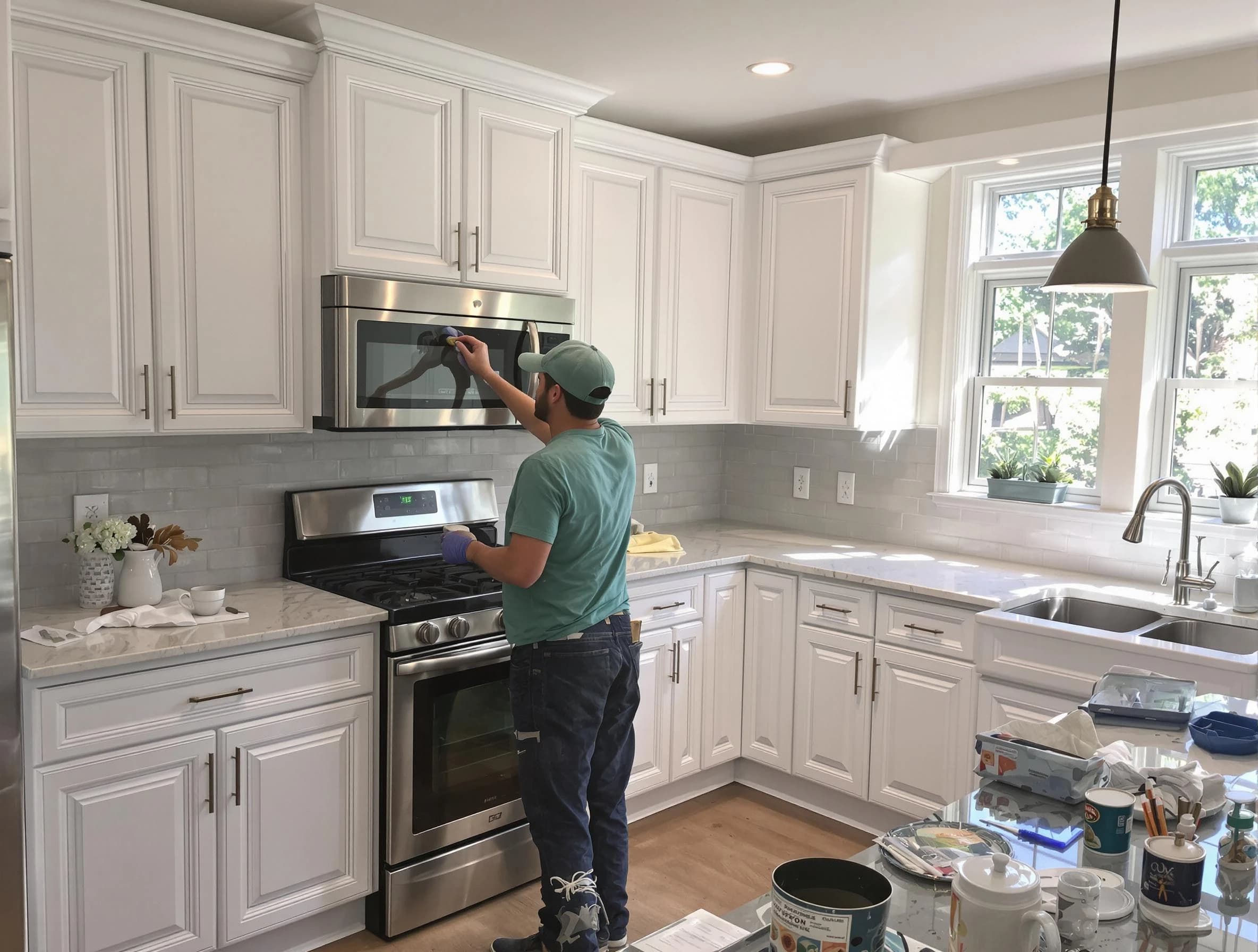 Kitchen cabinets being refinished by Warrensville Heights House Painters in Warrensville Heights, OH