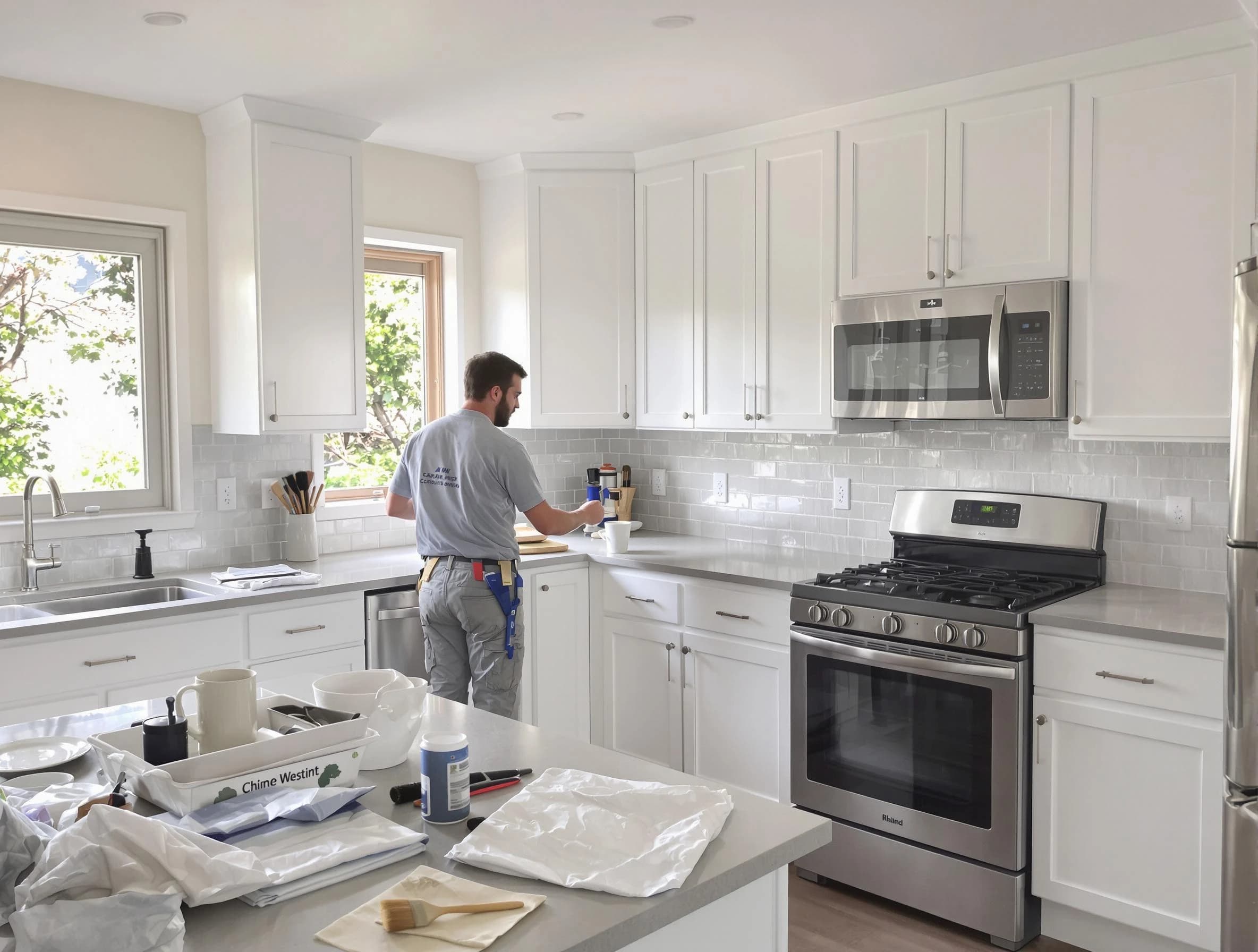 Warrensville Heights House Painters applying fresh paint on kitchen cabinets in Warrensville Heights