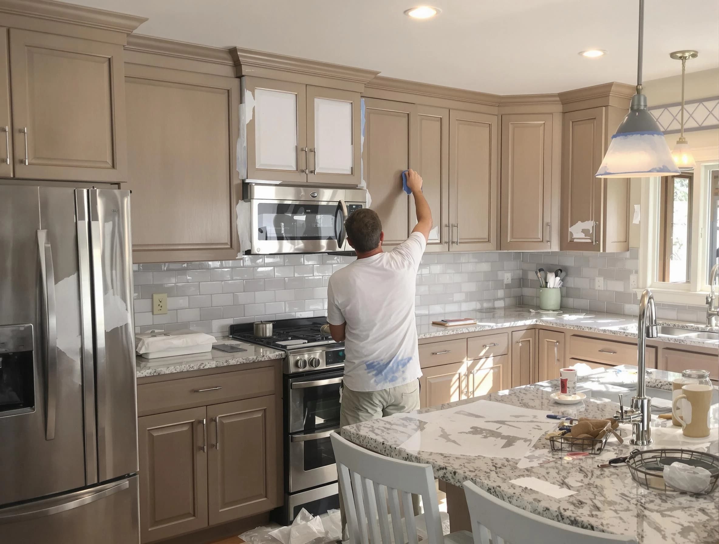 Before-and-after view of kitchen painting by Warrensville Heights House Painters in Warrensville Heights