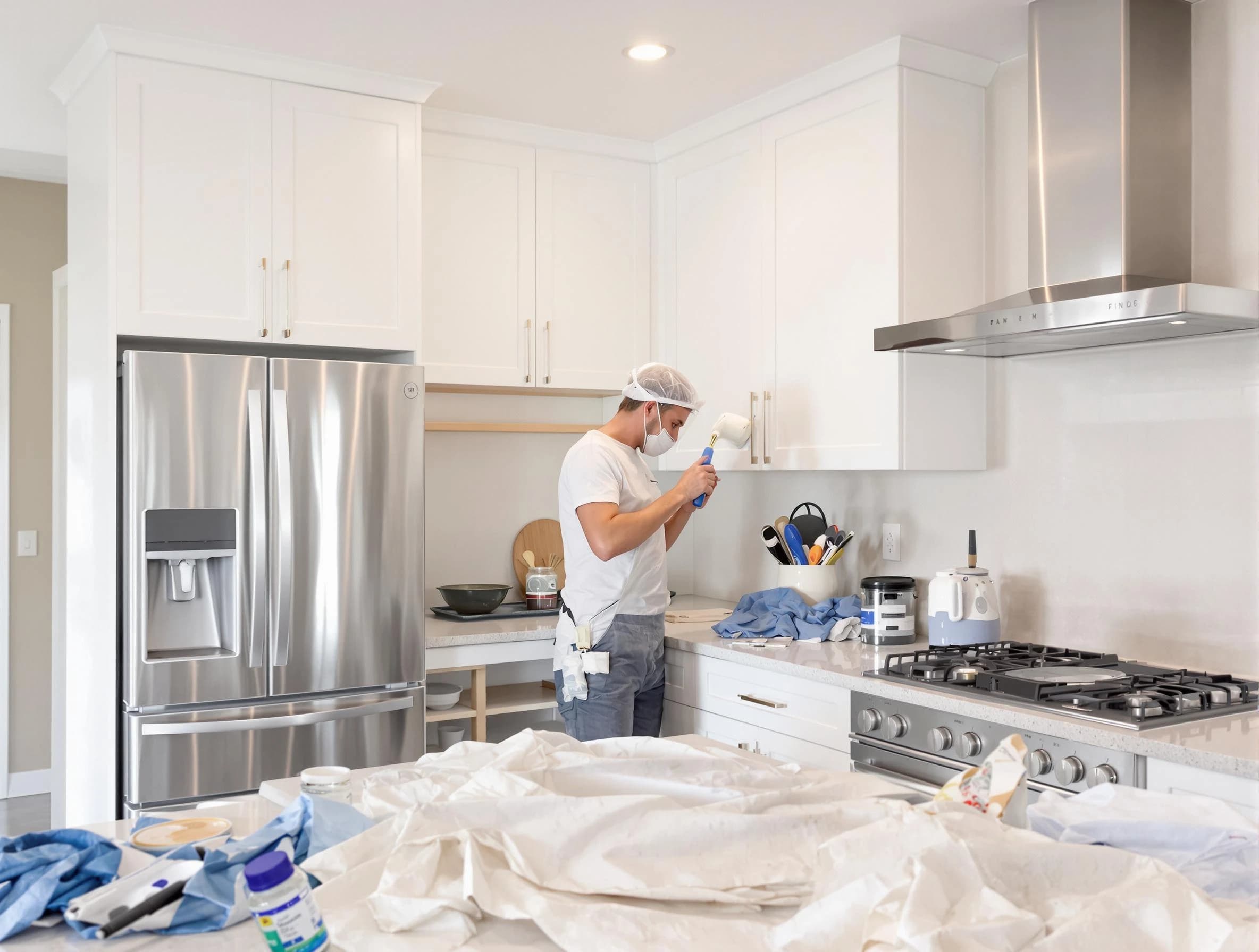 Warrensville Heights House Painters painter applying a fresh coat in a kitchen located in Warrensville Heights, OH