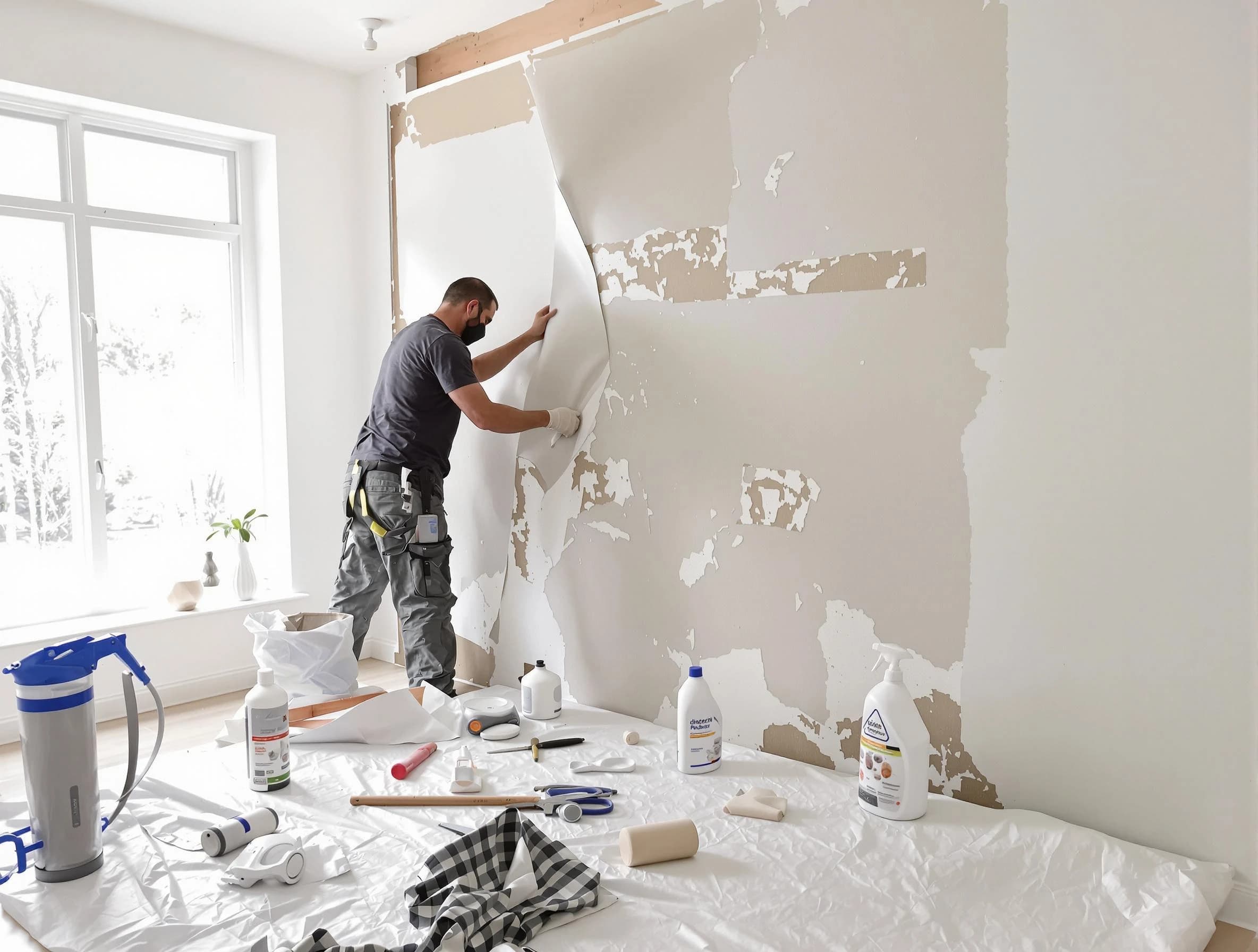 Warrensville Heights House Painters technician removing wallpaper in Warrensville Heights, OH